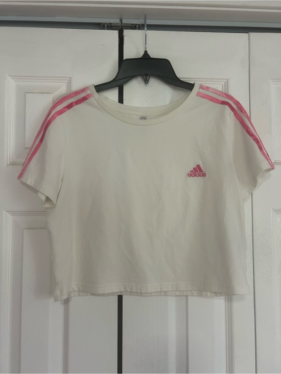 adidas Tops - adidas Cream Crop Tee with Pink Shoulder Stripes